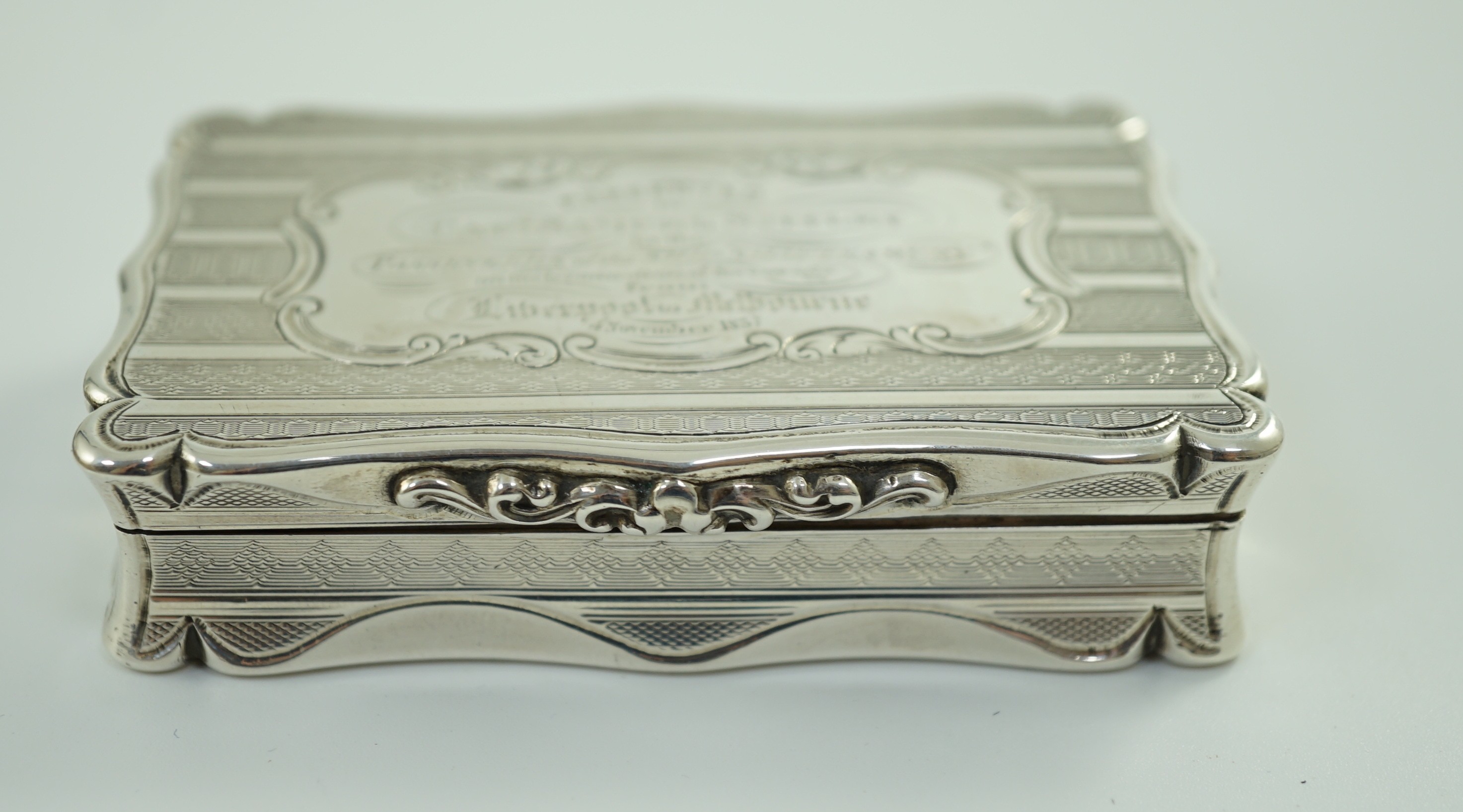 Australian naval interest - A Victorian engraved silver presentation snuff box, inscribed 'Presented to Capt. Samuel Smiley by the Passengers of the Ship Shaftesbury on the Termination of the Voyage from Liverpool to Mel